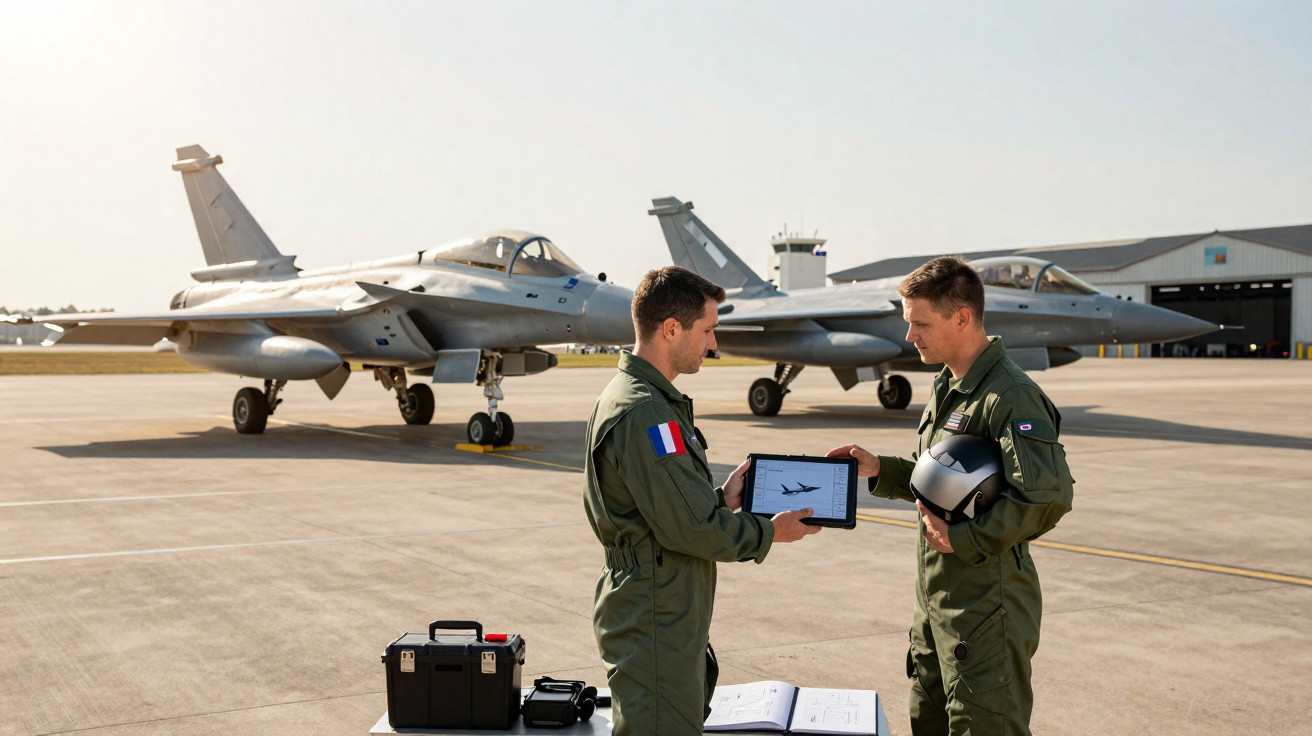 Dois aviadores militares conversam e consultam tablet na pista com jatos de combate ao fundo.