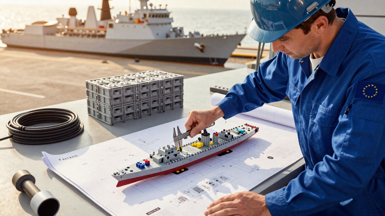 Engenheiro naval mede modelo de navio com paquímetro em mesa com plantas e mar ao fundo.
