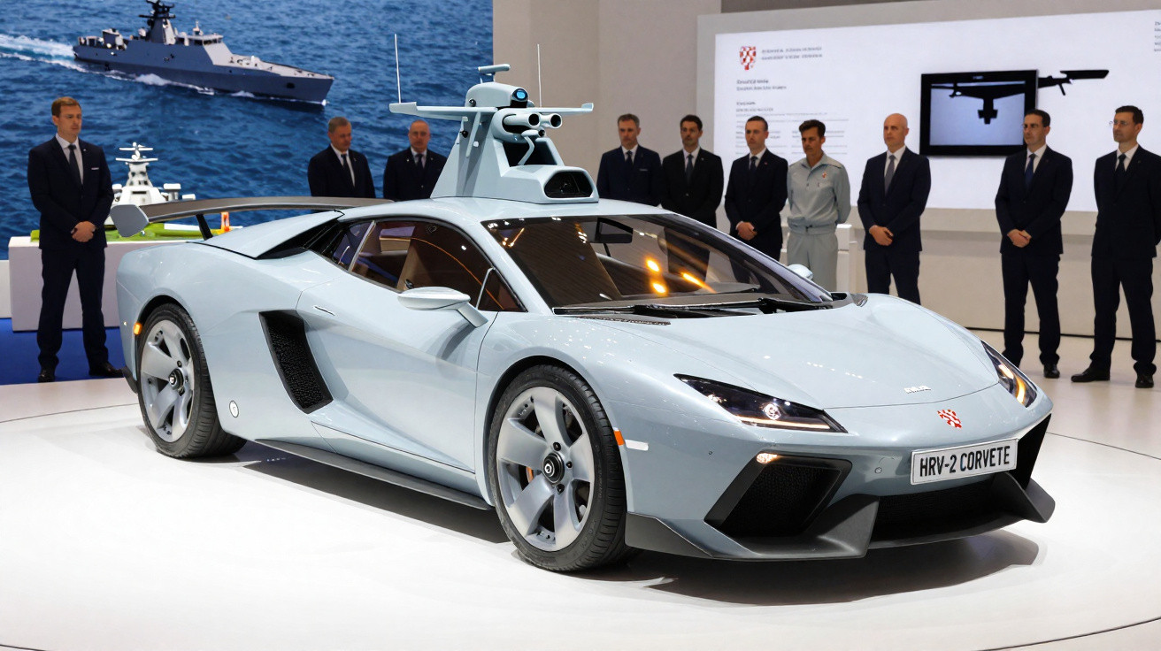 Carro esportivo cinza claro HRV-2 Corvette com torre de armas em exposição, com homens de terno ao fundo.