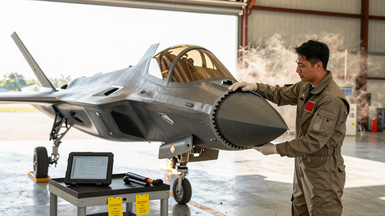 Homem em uniforme técnico inspecionando a parte frontal de um caça moderno em hangar.