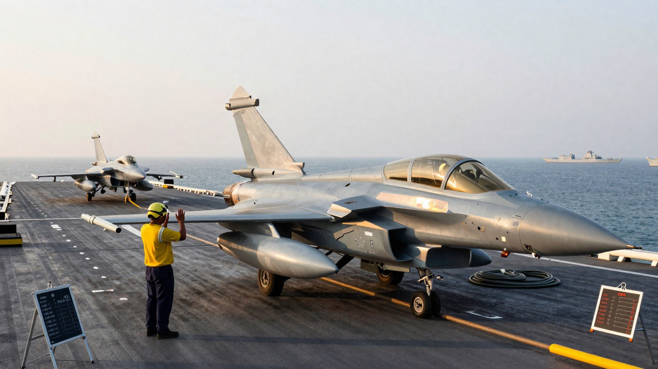 Caça militar estacionado em porta-aviões com tripulante sinalizando próximo ao oceano ao pôr do sol.