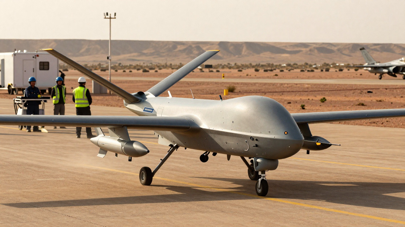 Drone militar cinza estacionado em pista de aeroporto deserto com três pessoas ao fundo.