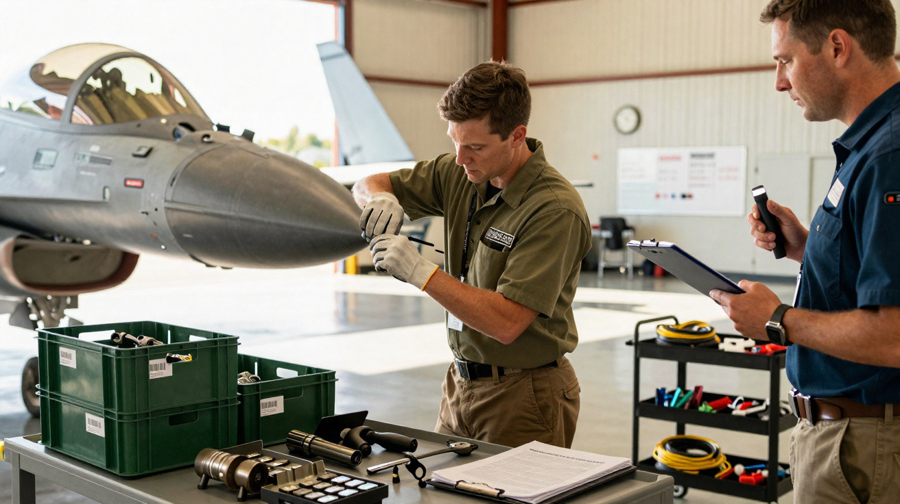 Técnicos militares realizam manutenção em caça aéreo dentro de hangar, com ferramentas e equipamentos à mesa.
