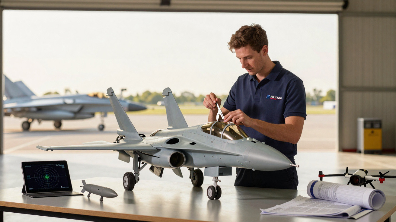 Homem mexendo em miniatura de avião militar em mesa com drone, tablet e plantas roladas em hangar.