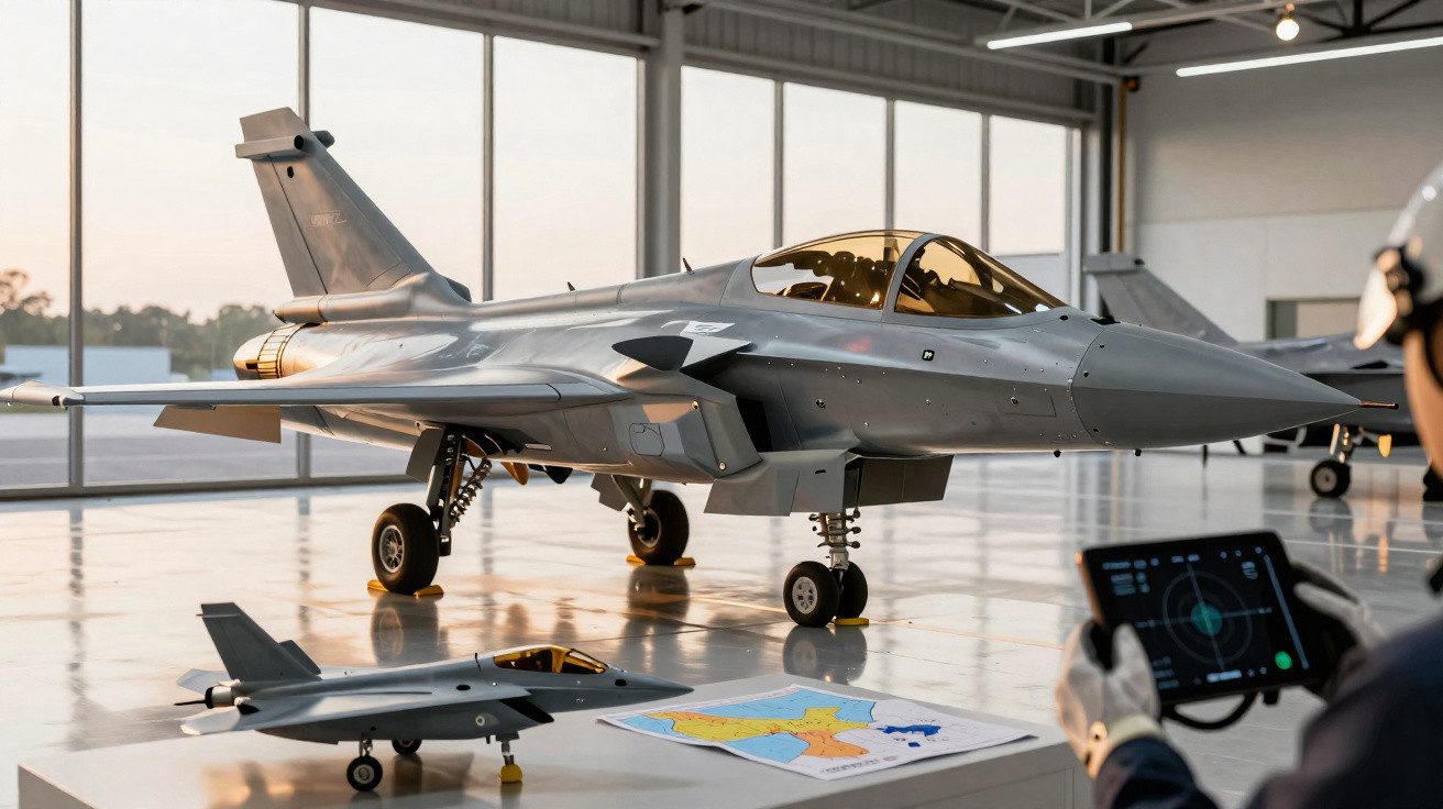 Caça militar cinza em hangar com modelo em escala, mapa e operador com tablet em primeiro plano.