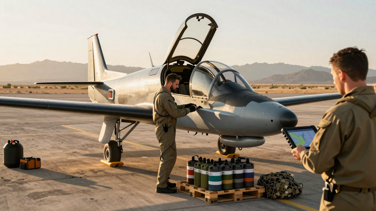 Dois pilotos inspecionam um avião militar estacionado em pista de aeroporto ao ar livre, com montanhas ao fundo.