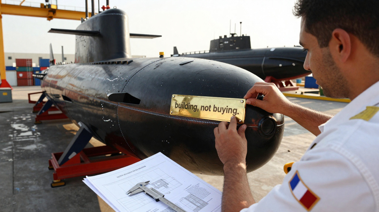 Homem com uniforma preta etiqueta metálica em submarino preto com frase "building, not buying".