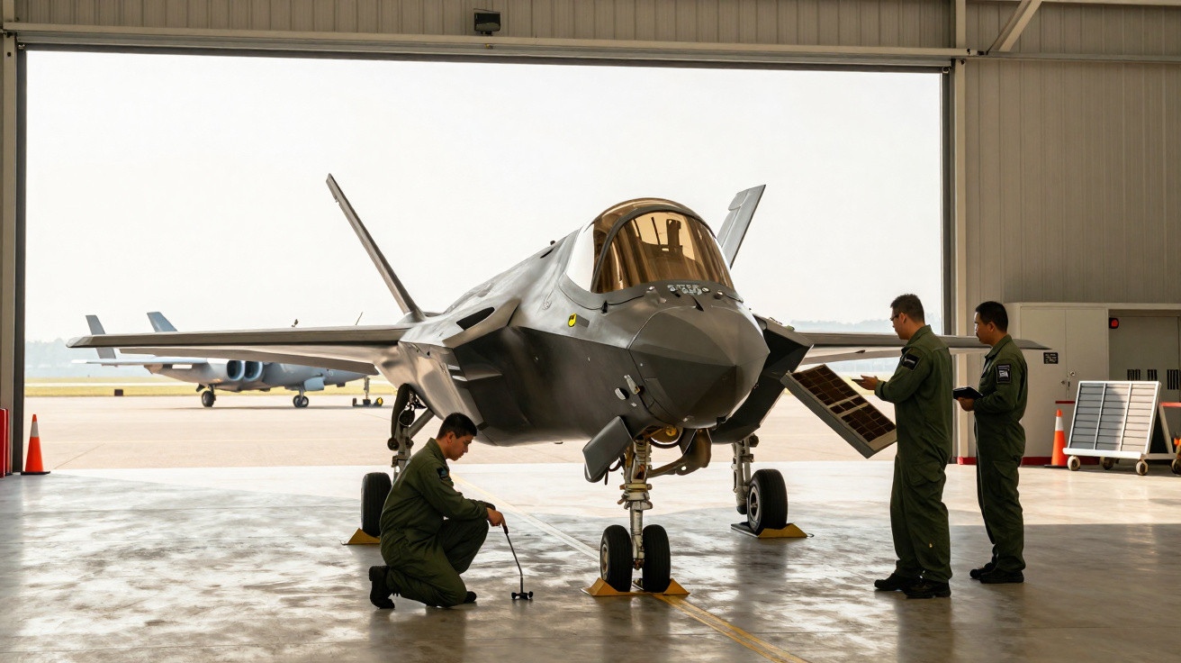 Caça F-35 estacionado em hangar com três militares verificando equipamentos ao redor da aeronave.