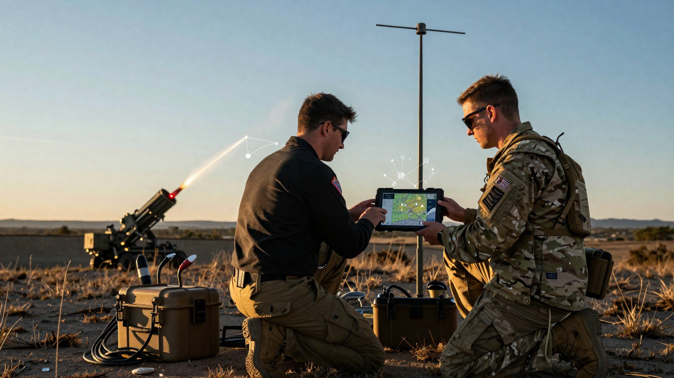 Dois militares em uniforme operam equipamento eletrônico ao ar livre durante o dia, com lançador ao fundo.
