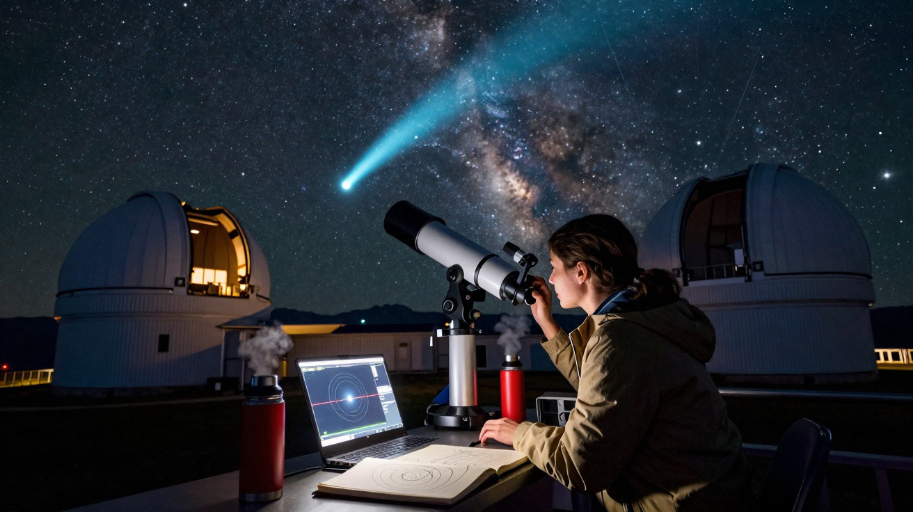 Pessoa usando telescópio em observatório astronômico à noite, com cometa e Via Láctea visíveis no céu estrelado.