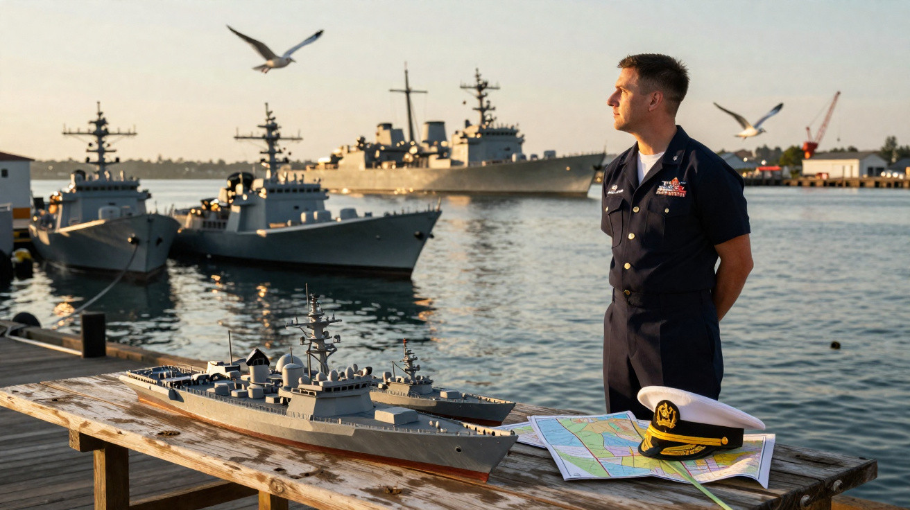 Militar da marinha em pé próximo a modelo de navio, mapa e boné em mesa à beira do cais com navios ao fundo.