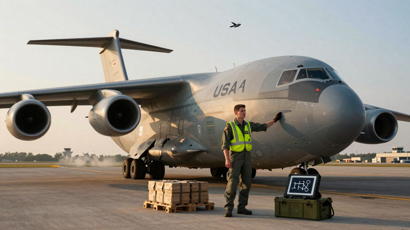 Homem em colete refletivo ao lado de avião militar carregado com caixas em pista de aeroporto ao entardecer.
