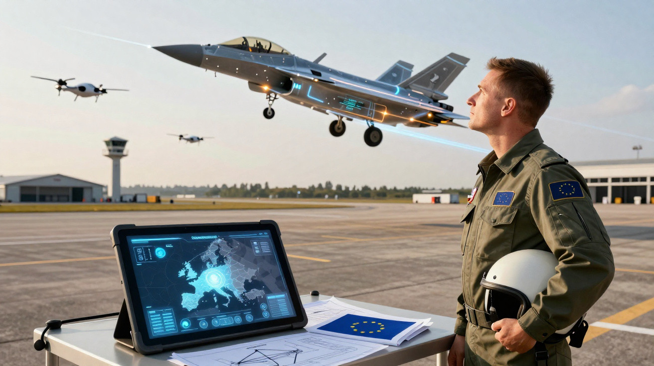 Piloto com capacete observa jato futurista digital em pista de aeroporto com tablet e mapas sobre mesa.