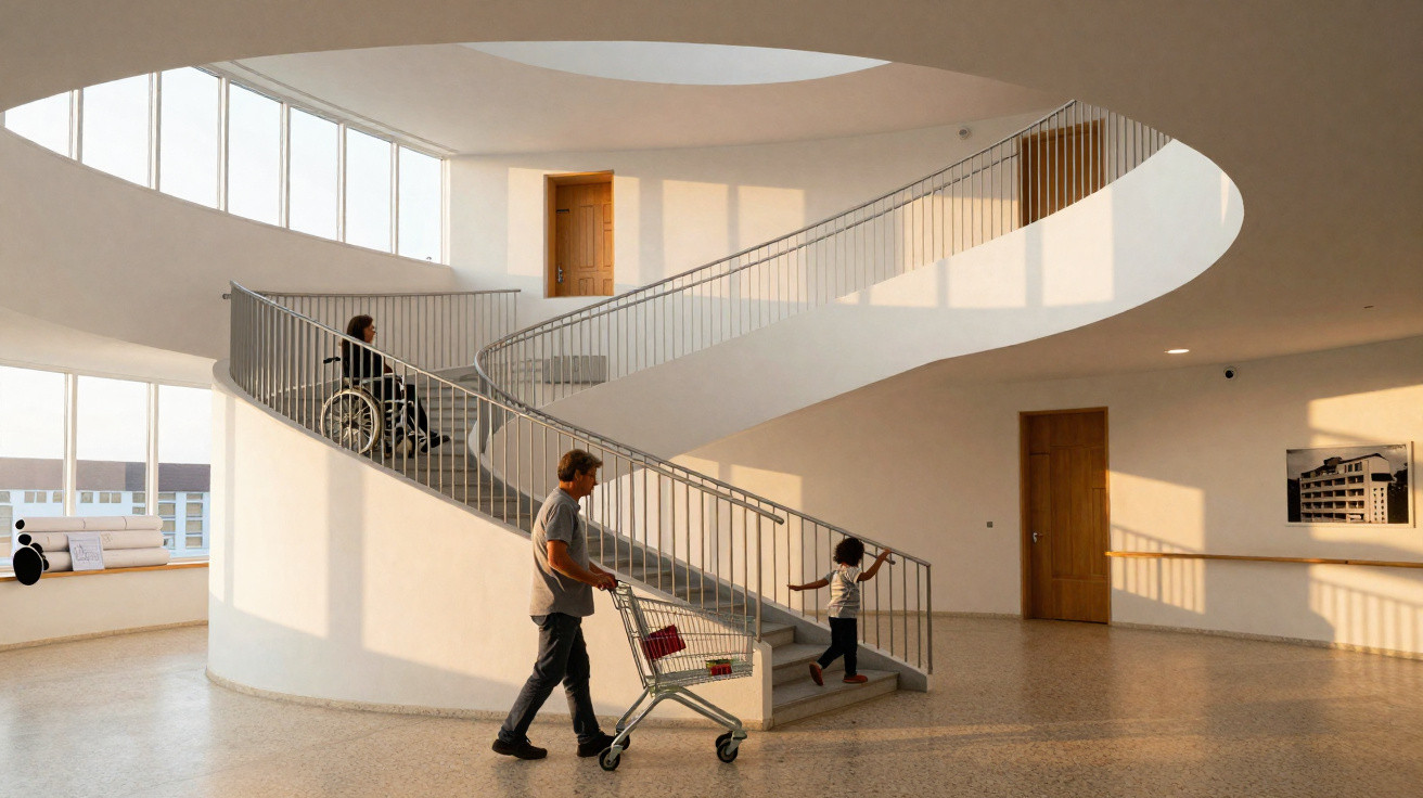 Interior iluminado por luz natural com escada em espiral, pessoa em cadeira de rodas e homem com carrinho de compras.