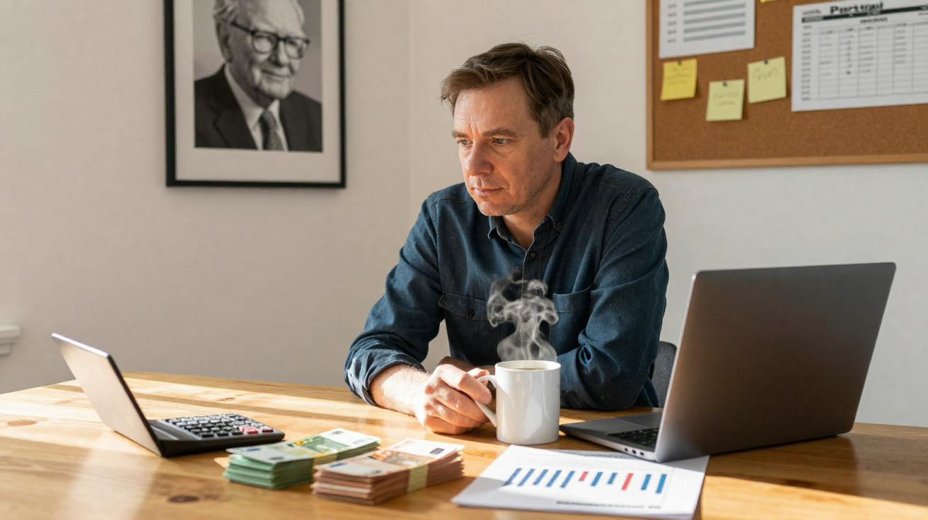 Homem pensativo segurando xícara de café em mesa com dinheiro, calculadora e laptop em escritório.