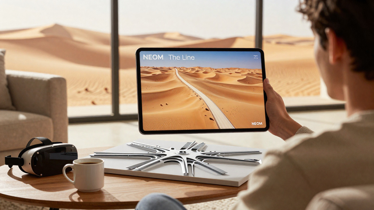 Pessoa segurando tablet com imagem de deserto e projeto urbano, mesa com modelo arquitetônico, xícara e óculos VR.