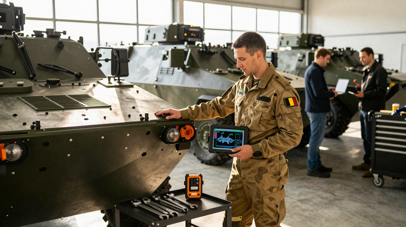 Soldado em uniforme camuflado usando tablet para inspecionar veículo blindado em oficina com colegas ao fundo.
