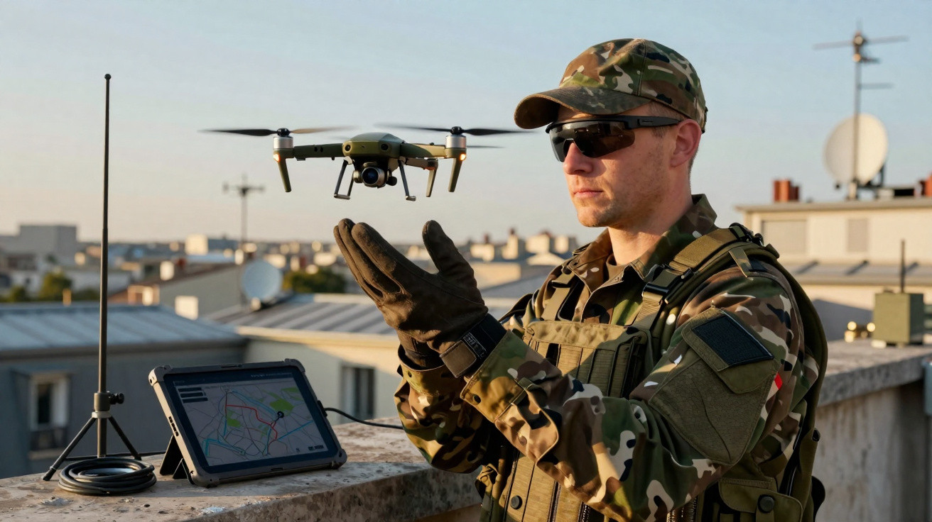 Militar em uniforme camuflado controlando drone próximo a tablet com mapa em área urbana.