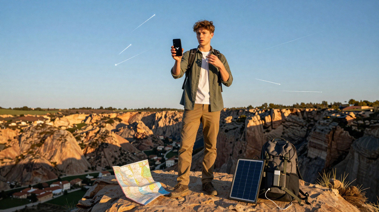 Jovem com mochila tirando selfie no topo de uma rocha com mapa e painel solar ao lado ao pôr do sol.