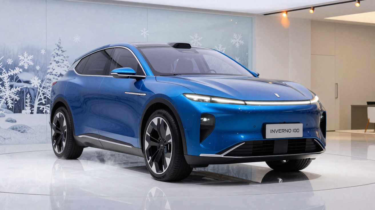 Carro elétrico azul Inverno i00 estacionado em ambiente interno com decoração de inverno ao fundo.