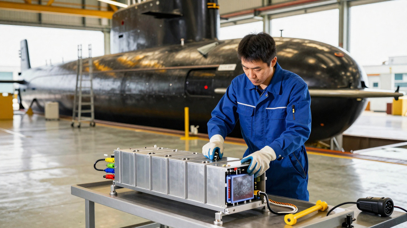 Homem em macacão azul consertando equipamento eletrônico em frente a submarino em hangar industrial.