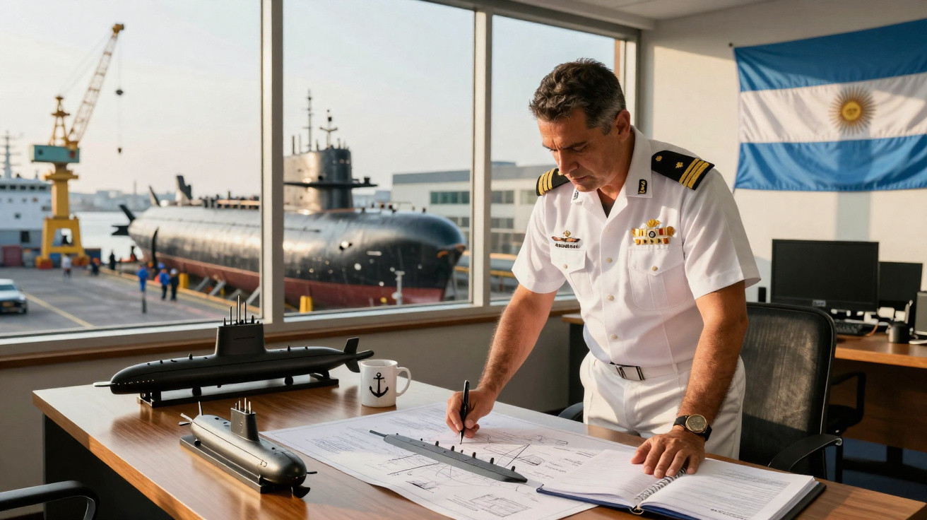 Oficial naval argentino analisando plantas de submarino em escritório com modelos e navio ao fundo.