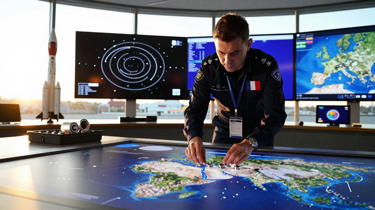 Homem em uniforme opera mesa digital interativa com mapa e monitores exibindo dados espaciais ao fundo.