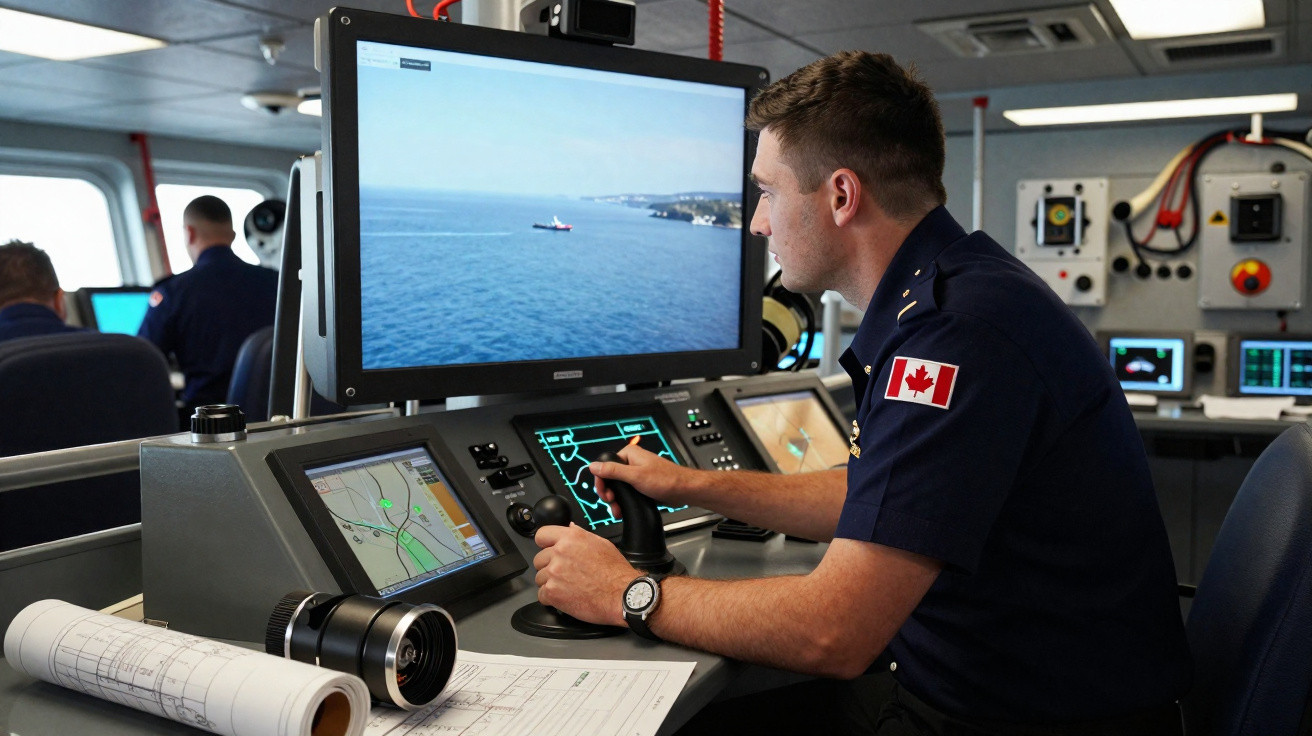 Homem fardado canadense operando controles em sala de navegação com tela mostrando mar e embarcação.
