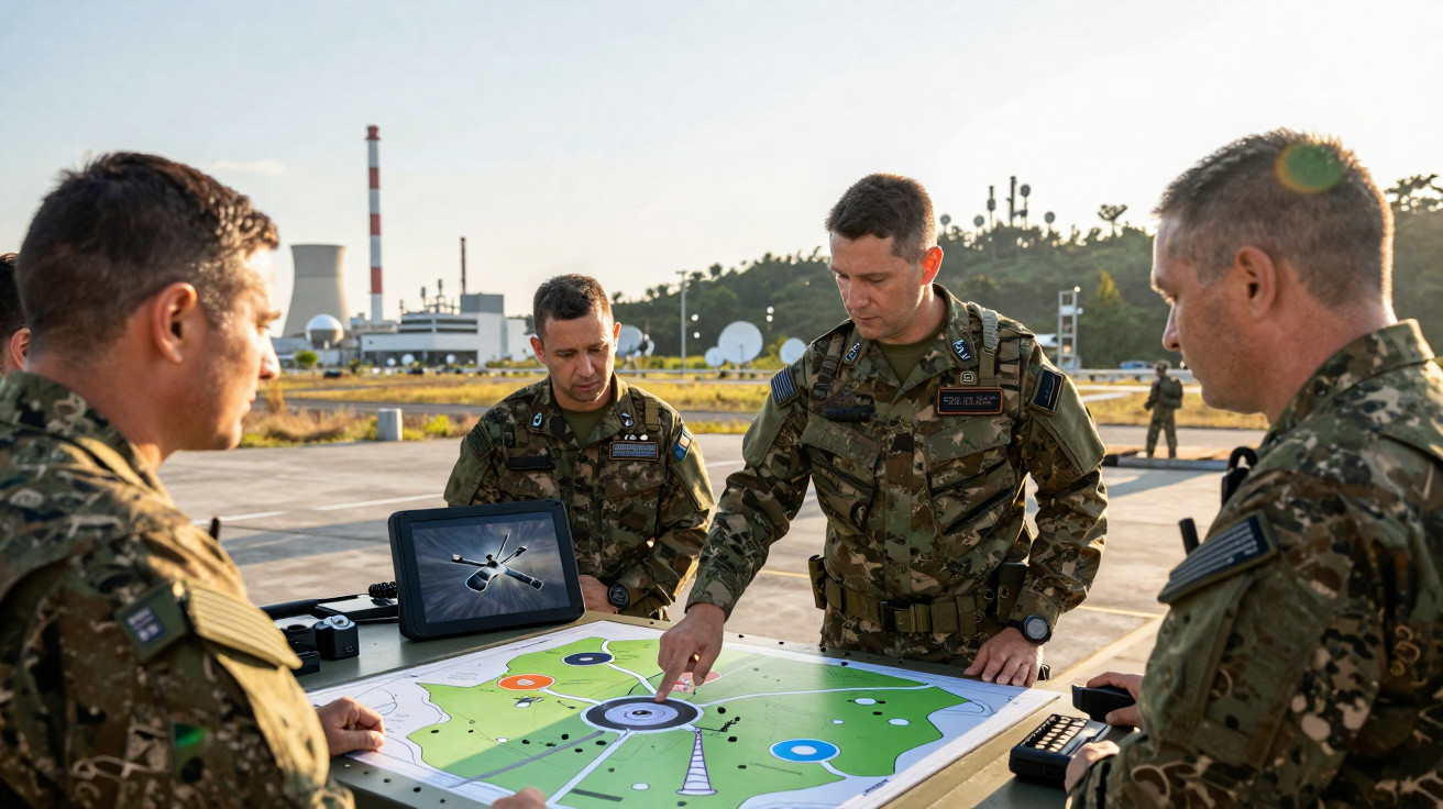 Militares em uniformes camuflados analisam mapa sobre mesa ao ar livre com equipamentos eletrônicos ao redor.