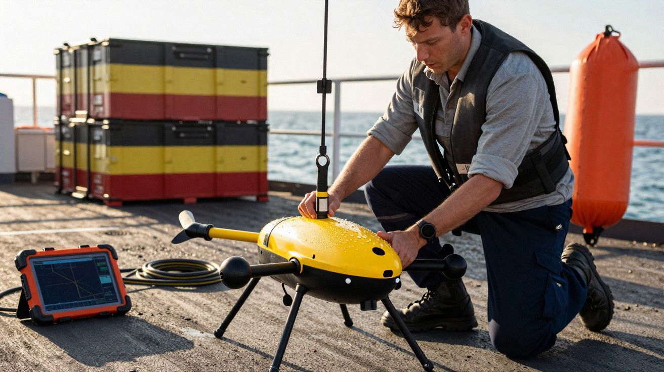 Homem preparando drone amarelo para lançamento em plataforma próxima ao mar, com tablet e caixas ao fundo.