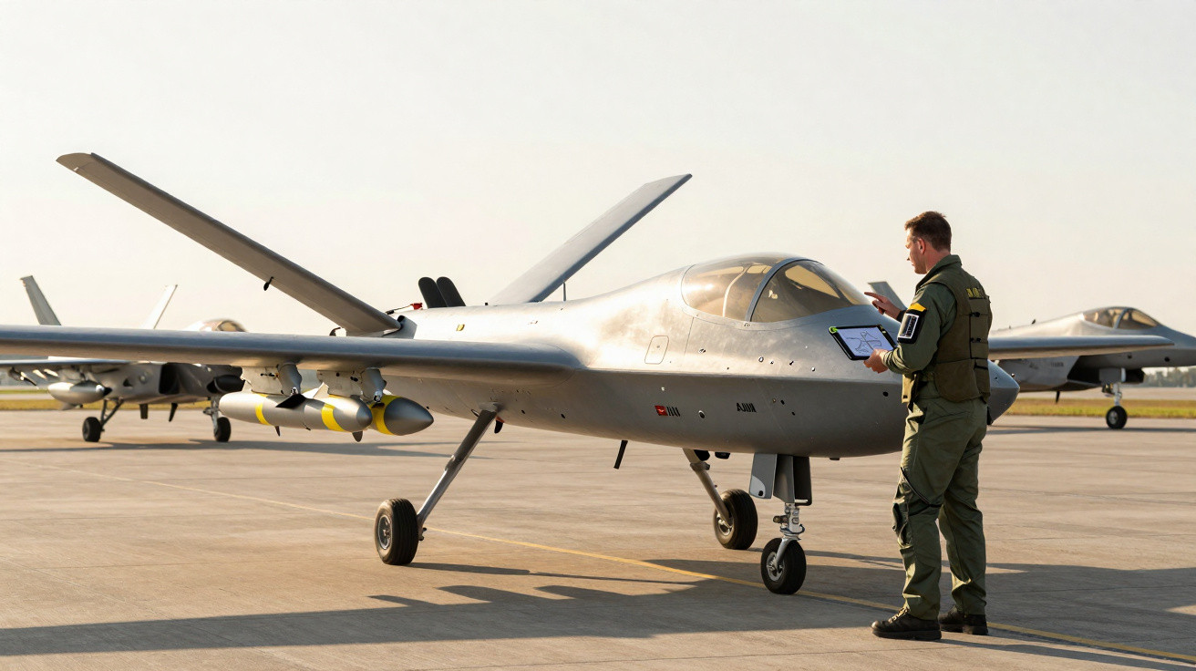 Pilotol militar verifica drone armado com tablets na pista com jatos de caça ao fundo.