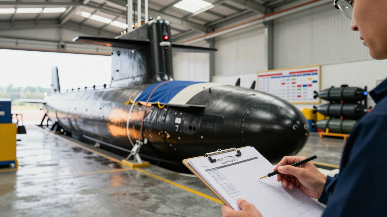 Submarino preto em hangar com pessoa segurando prancheta fazendo inspeção técnica.