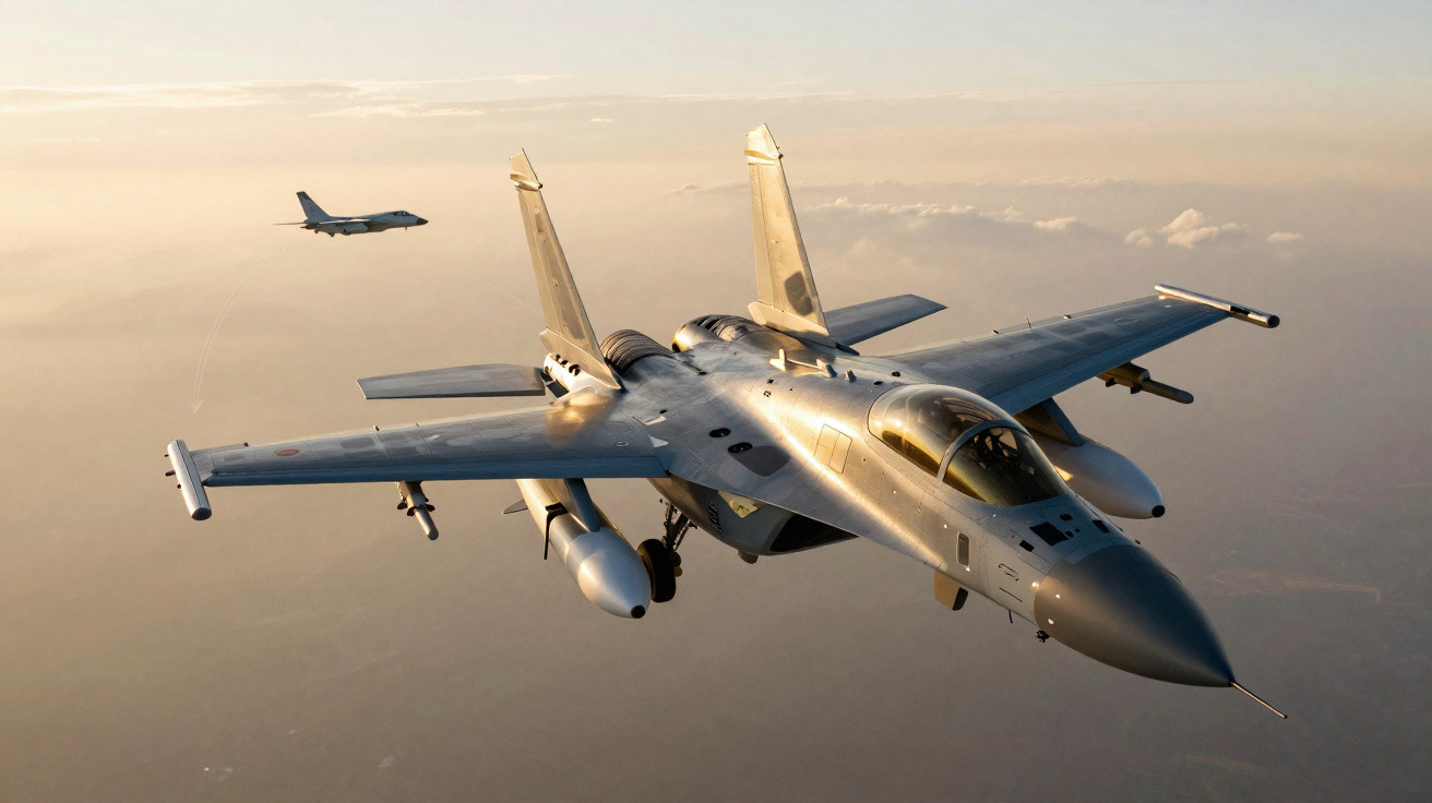 Caça militar voando ao pôr do sol com outro avião ao fundo sobre nuvens escuras.