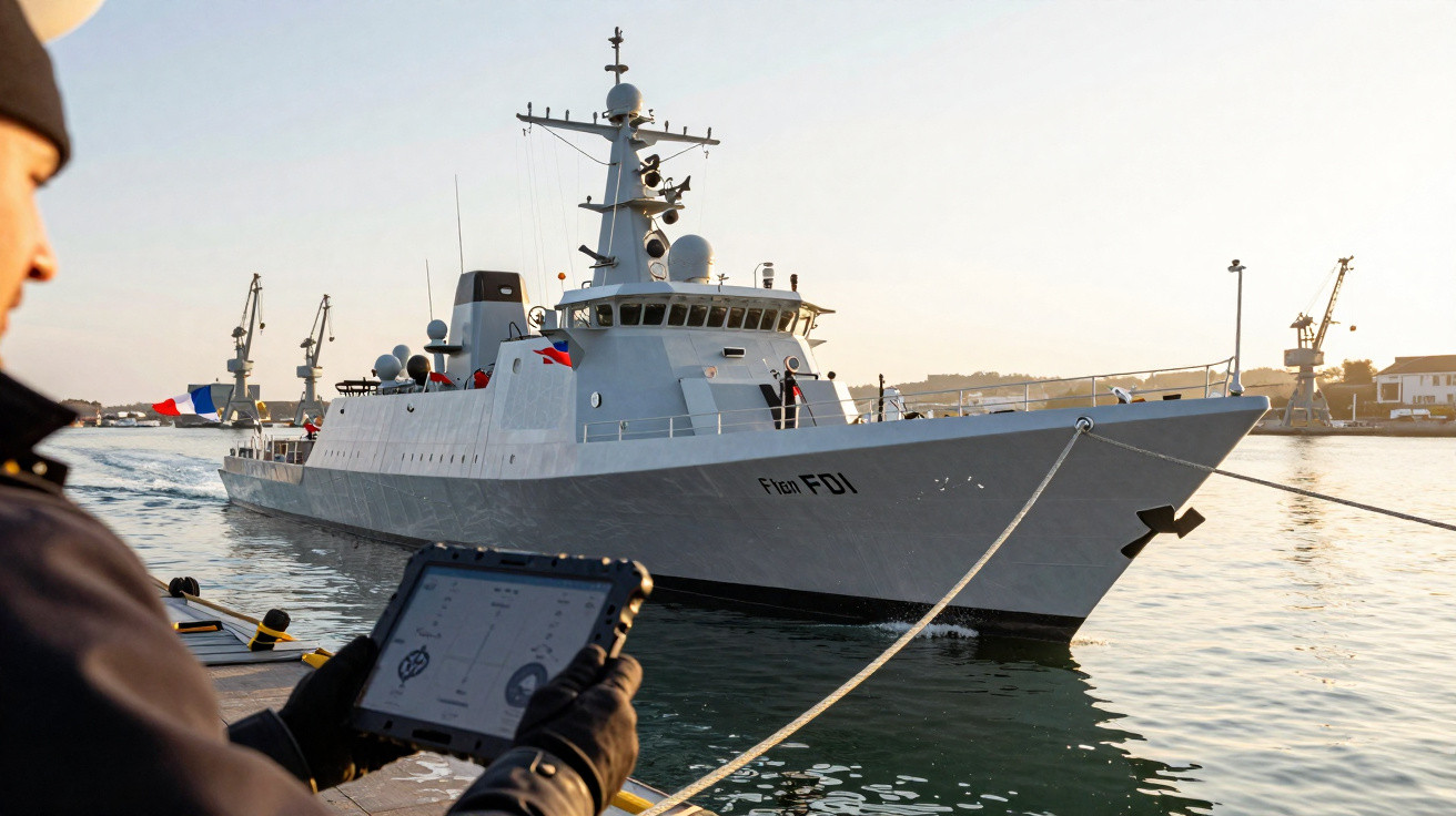 Homem controla remotamente destróier militar ancorado em porto durante o pôr do sol.