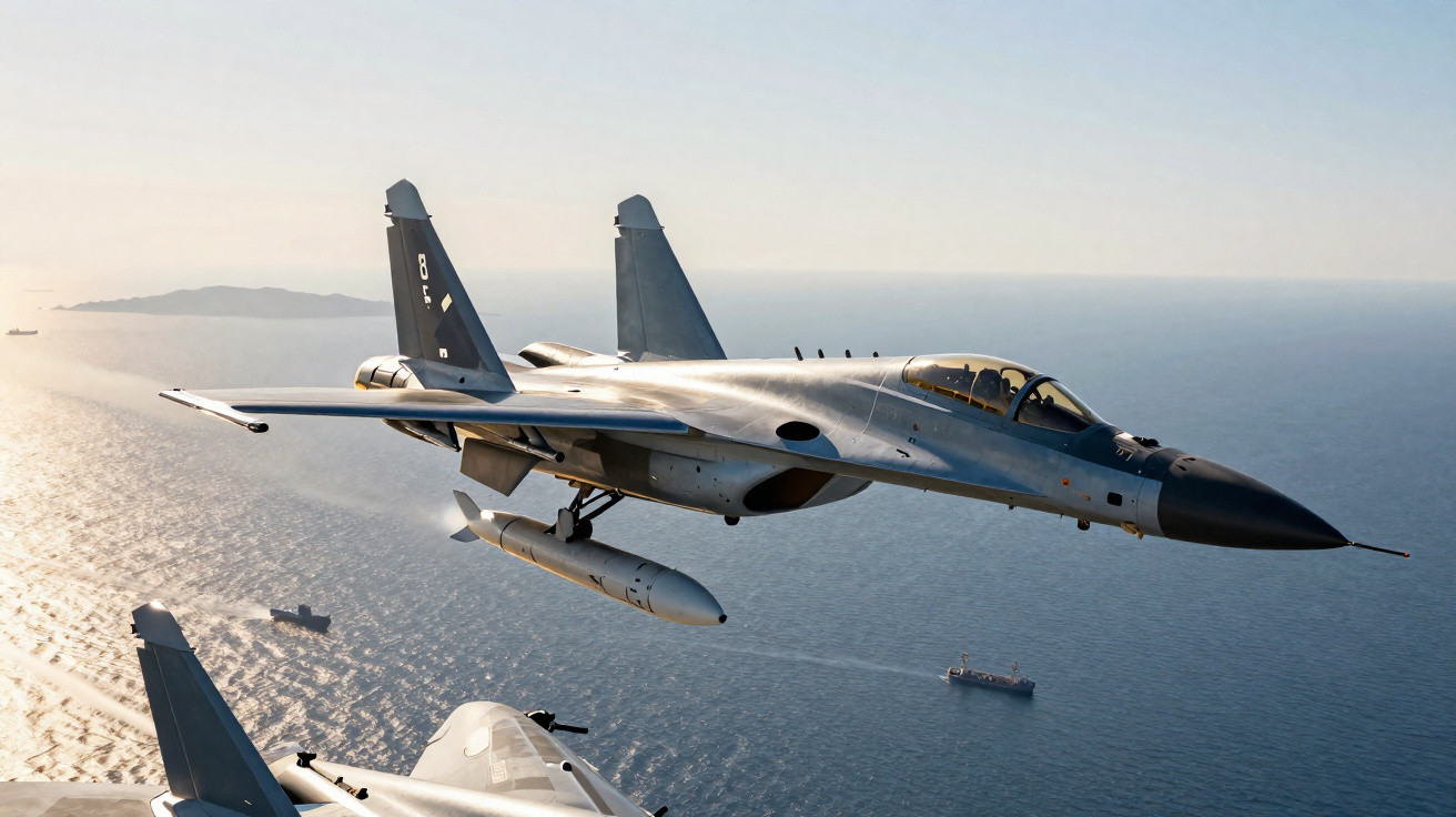 Caça militar voando sobre o mar em céu claro com navios visíveis ao fundo.