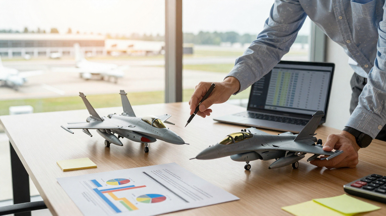Pessoa analisando modelos de aviões de combate em mesa com gráficos, laptop e calculadora em ambiente de escritório.