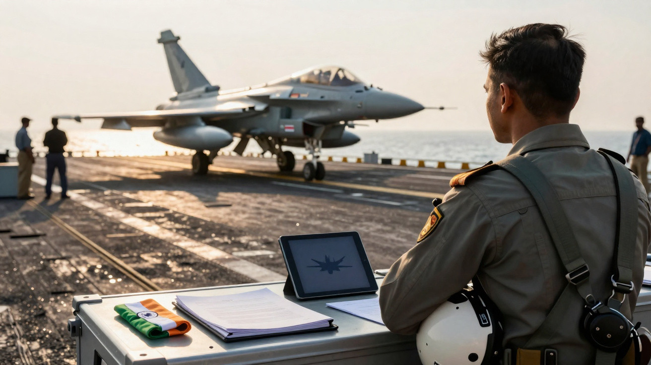 Militar observando caça F-16 em convés de porta-aviões durante o pôr do sol.