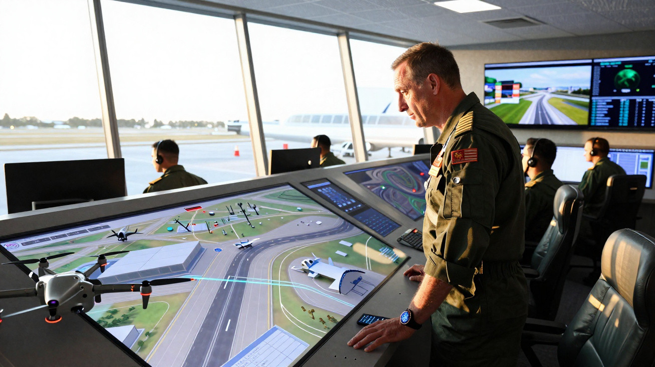 Controladores militares em sala de comando operando sistema de monitoramento de tráfego aéreo com drones e aviões.