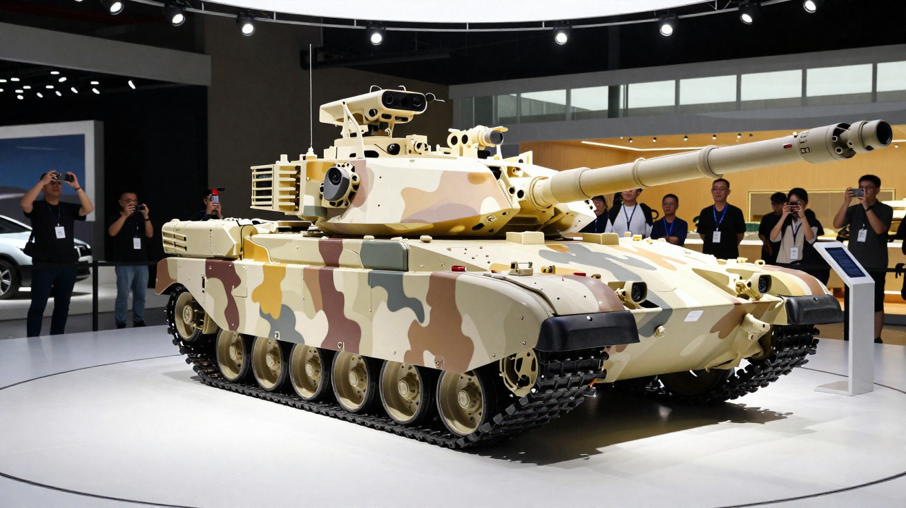 Tanque de guerra camuflado em exibição dentro de um salão com pessoas ao fundo fotografando.