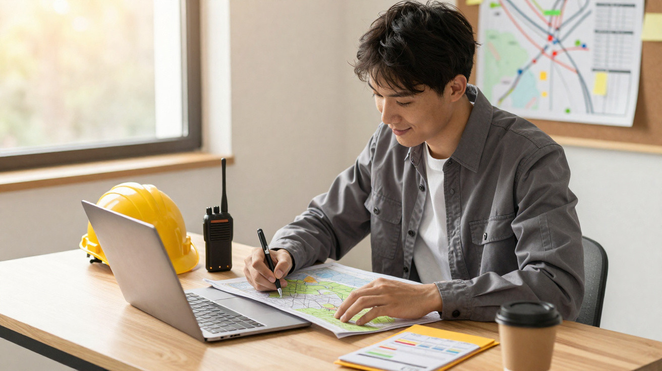 Homem jovem analisando mapas e fazendo anotações sentado à mesa com capacete, rádio e laptop.