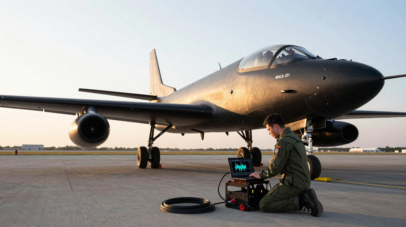 Técnico em macacão verde operando computador ao lado de avião militar preto estacionado em pista.