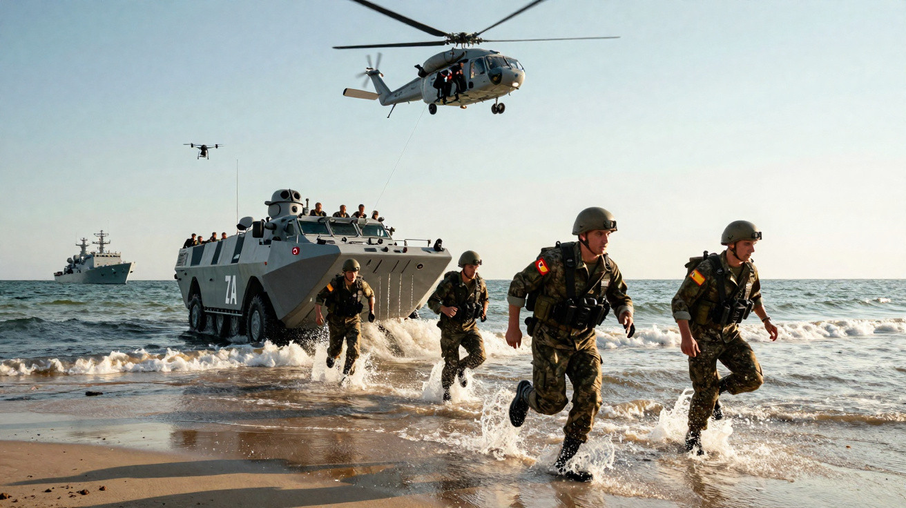 Soldados desembarcando na praia com veículo militar anfíbio, helicóptero e navio ao fundo em operação naval.