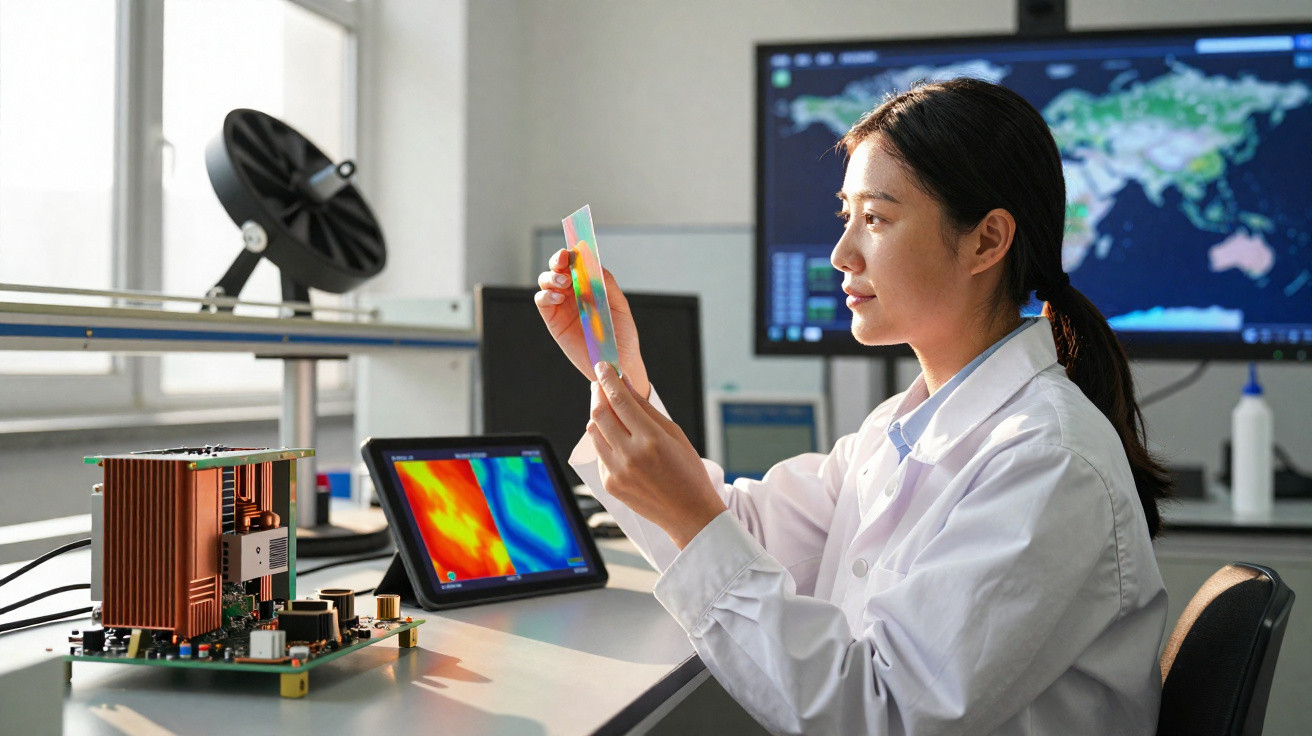 Mulher cientista analisa placa eletrônica enquanto estuda imagens térmicas em laboratório tecnológico.