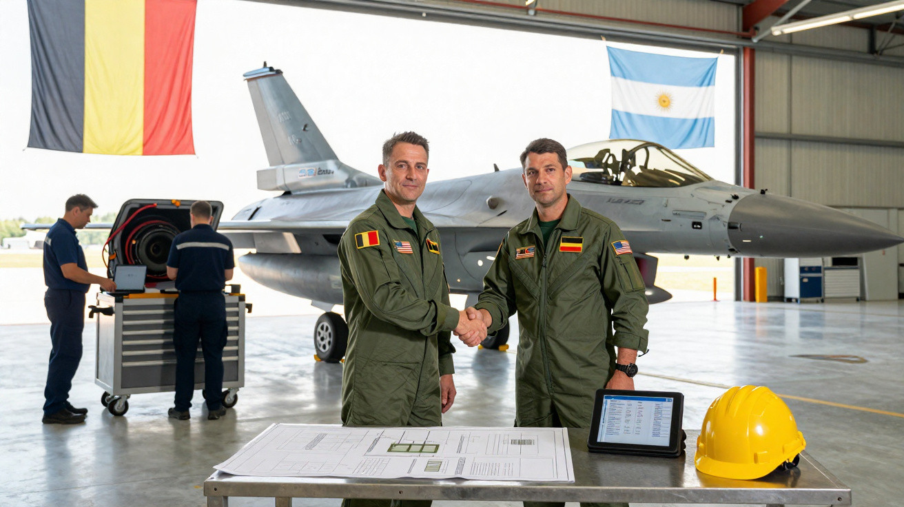 Dois pilotos militares apertando as mãos em hangar com caça ao fundo e equipe técnica trabalhando.