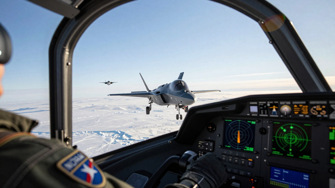 Vista do cockpit de um avião militar com dois caças voando em formação sobre paisagem nevada.