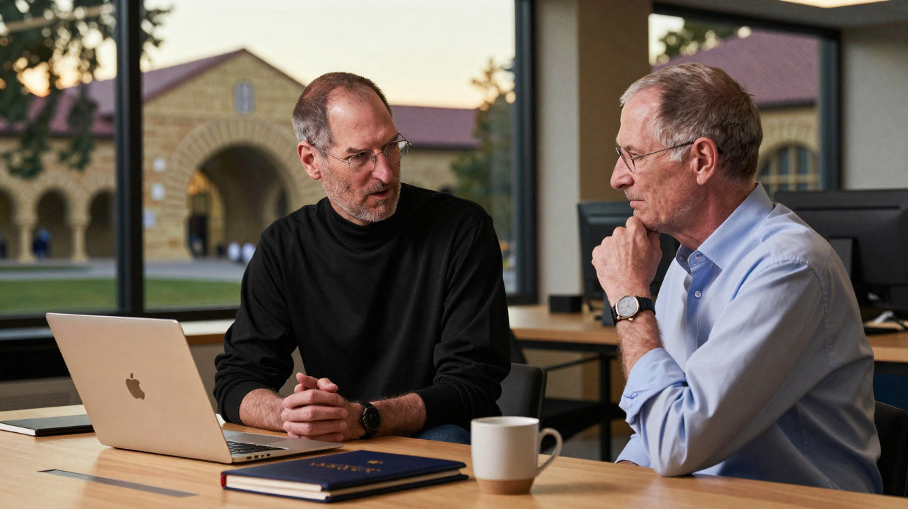 Duas pessoas conversando em ambiente de escritório com laptop Apple e xícara sobre a mesa.
