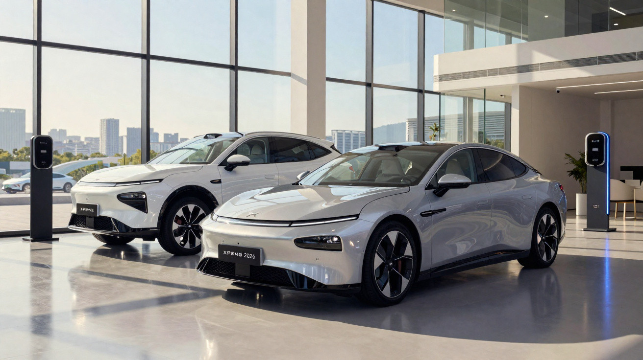 Dois carros elétricos XPeng brancos em showroom moderno com grandes janelas e pontos de recarga elétrica.