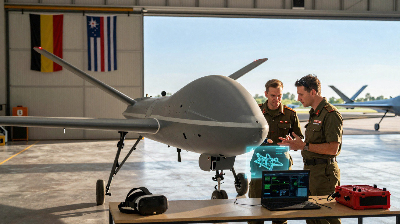 Dois militares em discussão técnica próxima a drone em hangar com laptop e óculos de realidade virtual na mesa.