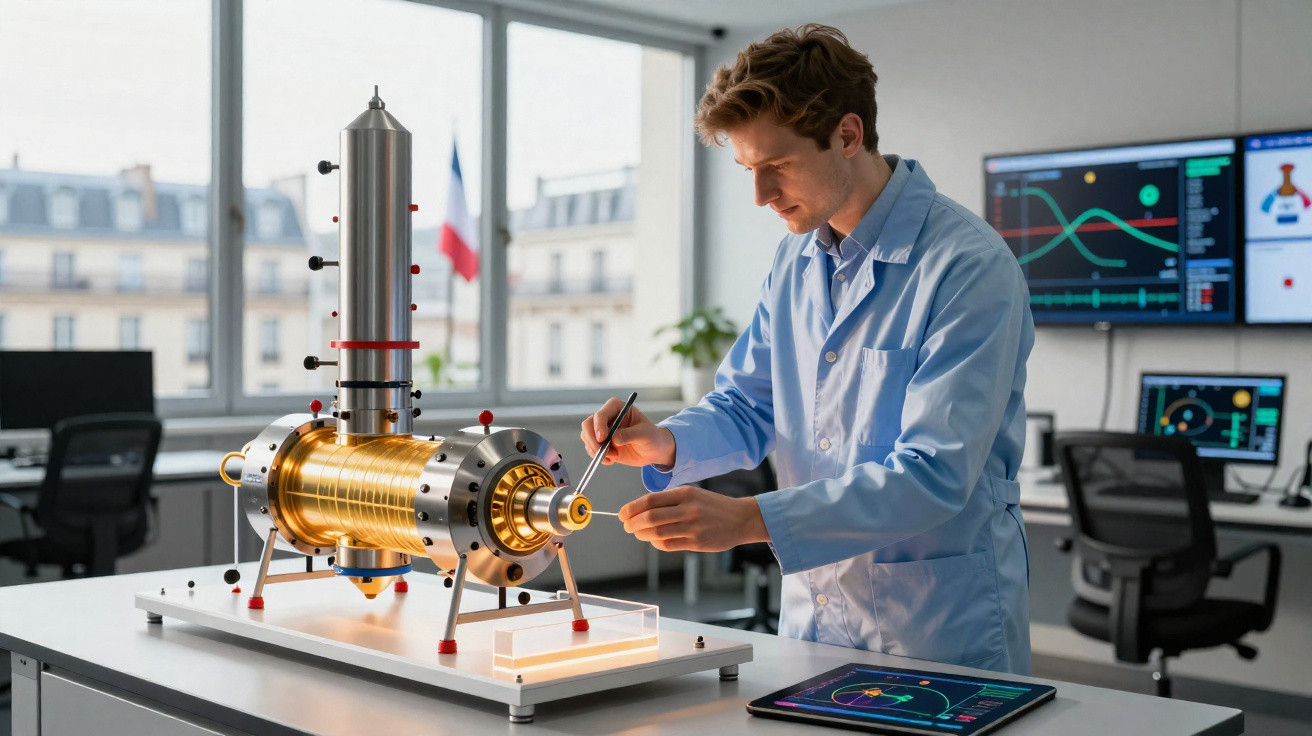 Cientista homem em jaleco azul ajusta equipamento dourado em laboratório moderno com monitores digitais.