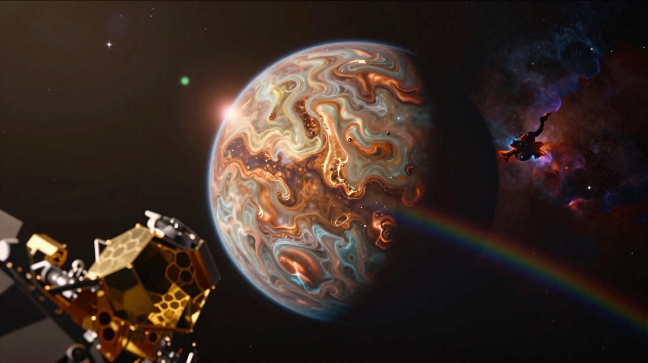 Planeta colorido com textura líquida e satélite dourado em espaço escuro com arco-íris e nebulosa ao fundo.